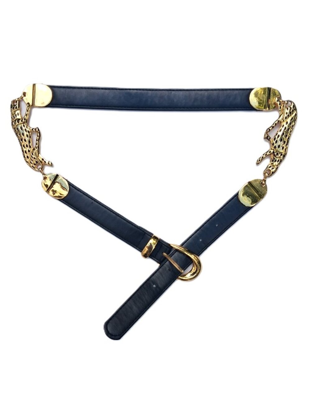 Vintage Gold Twin Panther Black Statement Belt 35"L